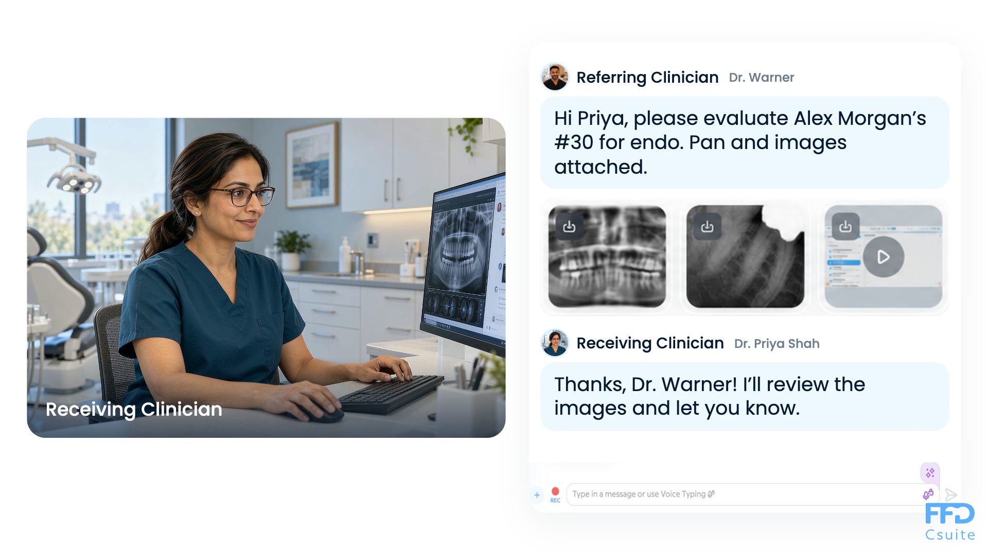 A completed illustrative referral conversation showing clinical images, supporting attachments and the receiving clinician’s reply.